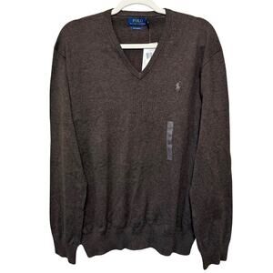 POLO Ralph Lauren Pima Cotton V-neck Sweater Men’s L Heather Brown Pullover NEW
